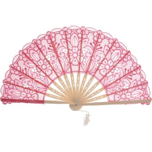 2021 Chinese Style Women Handheld Folding Hollow Lace Fabric Bamboo Fan Photo Prop Party Wedding Decoration
