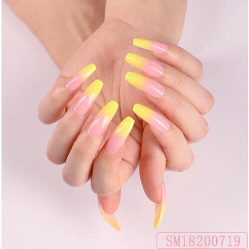 24sheets Fake Nails Extra Long Gloss Nail Polish Yellow Gradient Yellow Ballet Shoe Shape Nail Art Fake Nail Tips Manicure