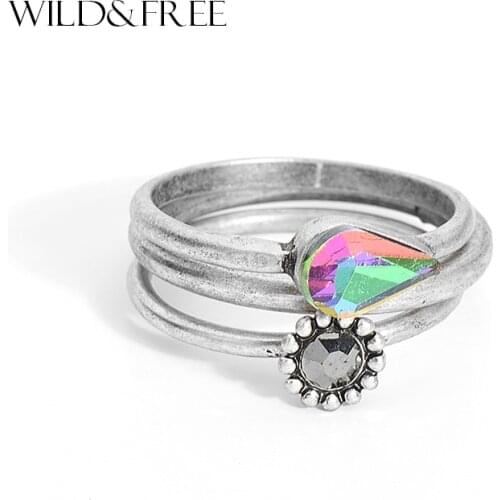 3PCS Vintage Fashion Colorful Glass Beads Midi Rings Set Antique Gold Color Boho Style Charms Jewelry Ring For Women