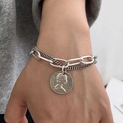 Punk Bracelets Carved Coin Head Bracelet Bangle Bohemian Circle Queen Thick Chain Tassel Pendant Bracelet Women Jewelry
