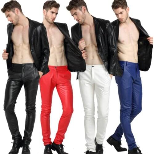 Autumn winter personality fashion motorcycle faux leather pants mens feet pants pu trousers for men pantalon homme red white