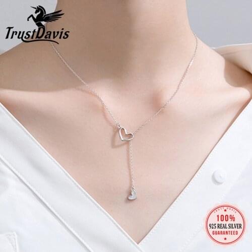 Trustdavis Real 925 Sterling Silver Romantic Heart Dazzling CZ Tales Chain Link Pendant Necklaces For Women Fine Jewelry DS621