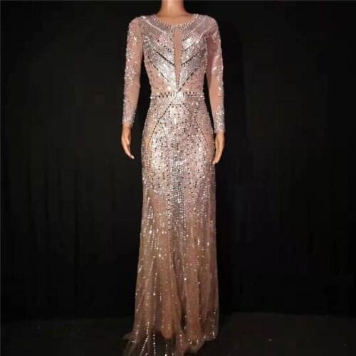 D83 Singer perform stage long evening dresses female Mesh full drill skirt party wears outfits model skirt Rhinestone costumes