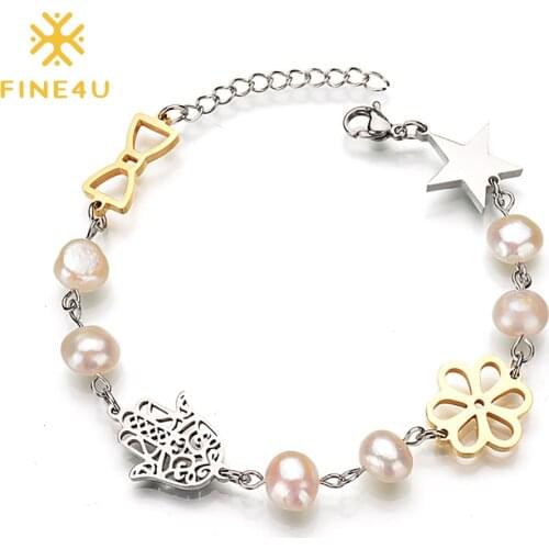 FINE4U B532 Lucky Hamsa Hand Charm Bracelet Friendship Hand of Fatima Bracelet for Women Girls Friends Family