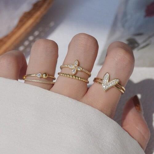 Delicate Jewelry 14K Gold Plated Adjustable Crystal Flower Rings for Women Luxury Heart Cubic Zircon Engagement Rings