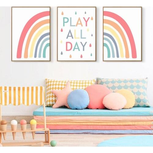 Colourful Rainbow Raindrop Play All Day Canvas Painting Nursery Wall Art Print Poster Pictures Girls Bedroom Home Decor No Frame