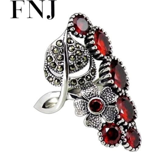 FNJ 925 Silver Ring Statement Flower New Fashion MARCASITE Original S925 Sterling Silver Rings for Women Jewelry Adjustable Size