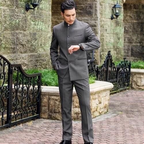 Autumn Fashion Style Mens Stand Collar Suit Slim Jacket Pants Classic Design Groom Gray Wedding Dress 2 Pieces