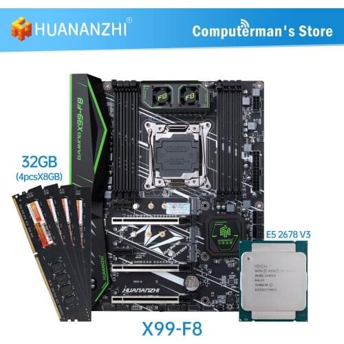 HUANANZHI X99 F8 X99 Motherboard combo kit set CPU Intel XEON E5 2678 V3 Memory 4*8G DDR4 NON-ECC 2400 memory M.2 NVME USB ATX