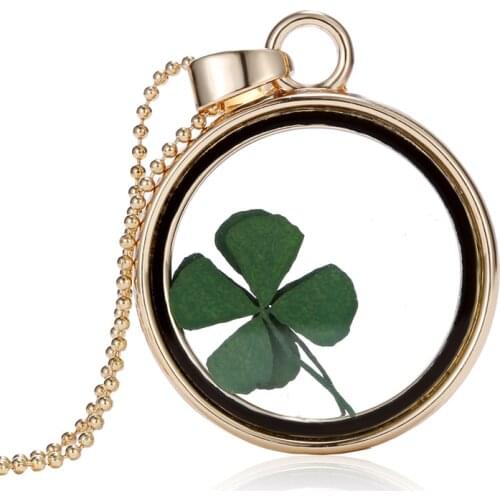 Fashion Real Dried Flower Dandelion Lucky Green Leaf Necklace For Women Transparent Glass Pendant Chain Boho Jewelry Female Gift