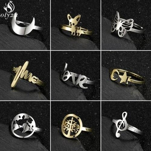 Fashion Geometric Stainless Steel Rings for Women Unisex Jewelry Simple Dog Cat Map Music Star Moon Finger Ring Adjustable 2021