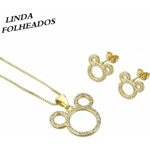 New Designed Hot Selling Gold/Silver Color Copper White Cubic Zirconia Cute Mickey Shape Neckalce Earrings Women Jewelry Set