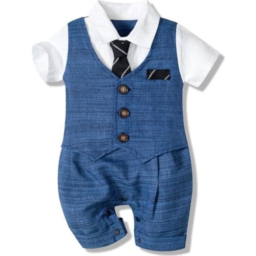 Baby Boy Clothes Cotton Handsome Rompers Little Gentleman Tie Outfit Newborn One-piece Clothing Button Jumpsuit Party Suit Dress