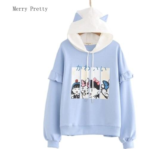 Ruffles Patchwork Cartoon Print Casual Hoodies Cotton Hooded Sweatshirt Women 2021 Summer Sweet Style Ladies Kawaii Cute Top