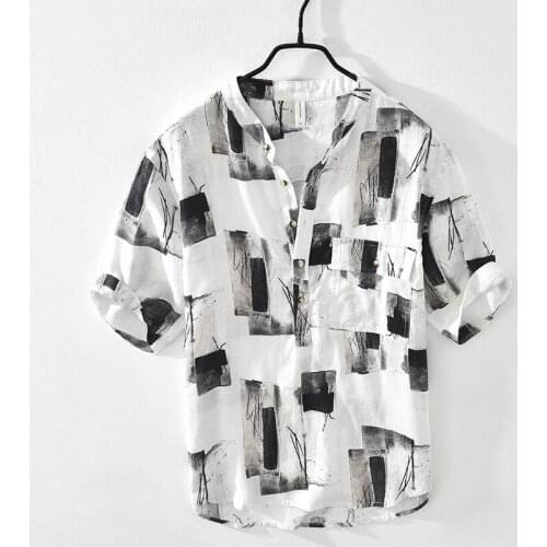 Summer Mens Linen Shirts Pullover Stand Collar Color Contrast Printed Slim Fit Pocket Japan Style Casual Simple Handsome Tops