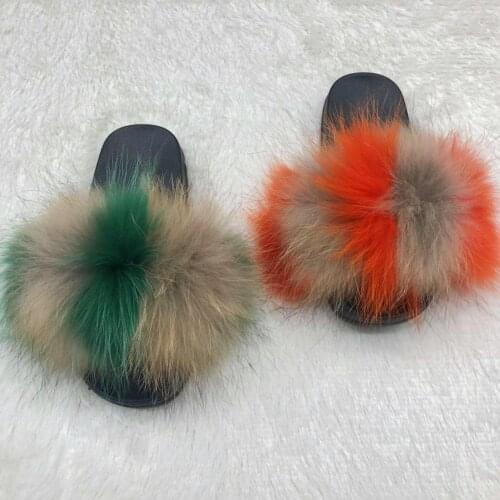 New Luxury Kids Fox Fur Slides Summer New Home Furry Slippers Children Girls EVA Fox Hair Plush Sandals