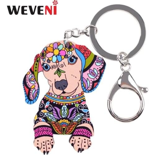 WEVENI Acrylic Printing Dachshund Dog Key Chain Key Ring Holder Charm Man Pendant Wholesale Hot Trendy Jewelry For Women