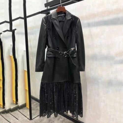 Spring Clothes Women New Fashion Import Real Sheepskin Spliced Lace Long Length Genuine Leather Jacket With Belt