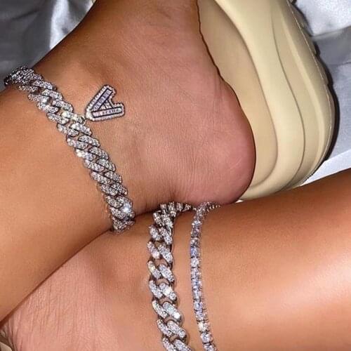 2021 New A-Z Initial Letter Anklets Cuban Link Rhinestone Foot Leg Chain Jewelry for Women Summer Beach Sandals Ankle Bracelets