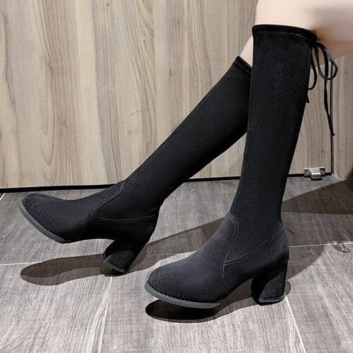 New Women Boots Suede Over The Knee High Lace Up Heel Boots Female Soft Round Toe Platform Shoes Autumn Fashion Boots 2021