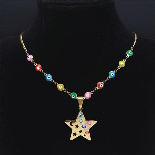 Witchcraft Pentagram Stainless Steel Islam Colorful Turkey Eye Charm Necklaces Women Gold Color Muslim Jewelry chaine N5237S04
