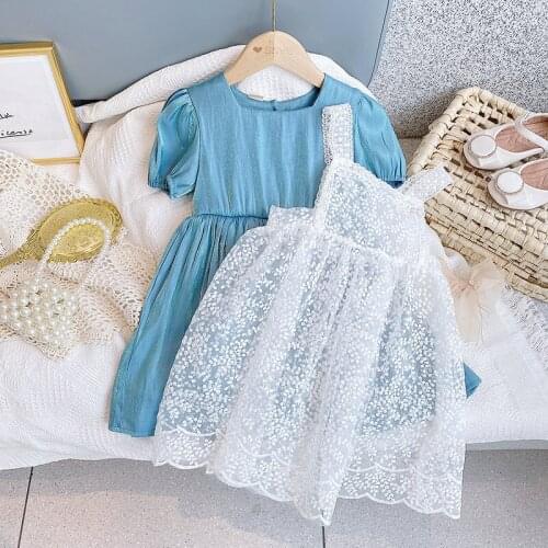 Girls Dress Summer New Puff-Sleeve Lace Printed 2pcs Princess Party Dress Toddler Kids Clothes Boutique Kids Clothing