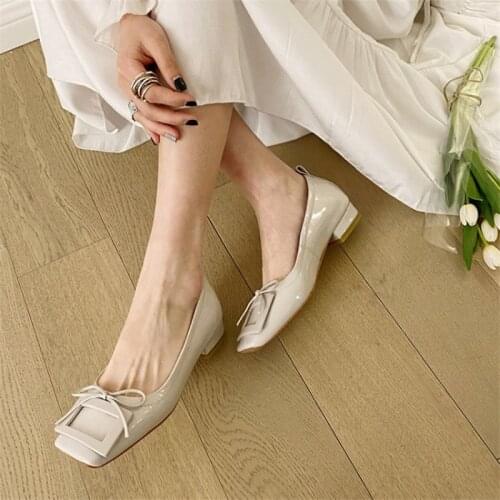 2021 Spring/Autumn Womens Pumps Patent Leather Square Toe Bowknot Women Shoes Comfortable Low-heel Slip-On Solid Sweet Loafers