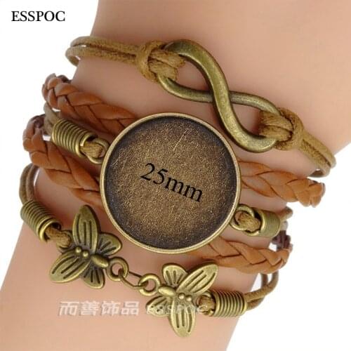HOT 5PCS Multilayer Leather DIY Bracelet Bangle Blank Base Fit 25mm Round Photo Glass Cabochon Setting Bezel Tray Jewelry Making