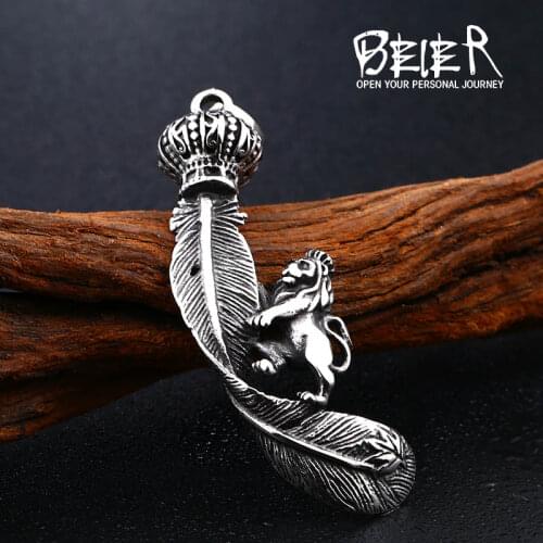 Beier new store 316L Stainless Steel pendant necklace Fashion Feather Couple Pendant Lion Crown High Quality Gift LLBR8-343P