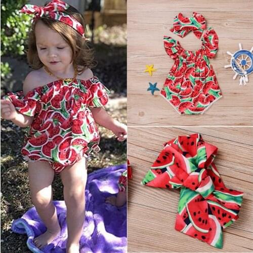 Newborn Baby Girls Clothes Watermelon print short sleeve round neck Bodysuit Bowknot Headband 2pc cotton casual summer set