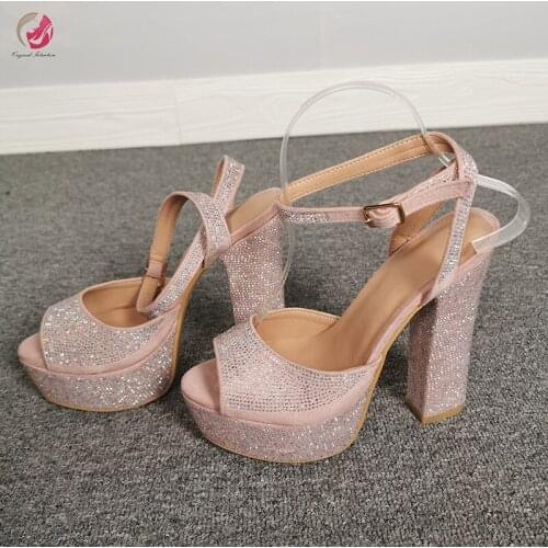 Original Intention Sweet Lady Pink Sandals Sequins Chunky Heels High Heels Peep Toe High Platform Shoes Party Shoes Size 4-15