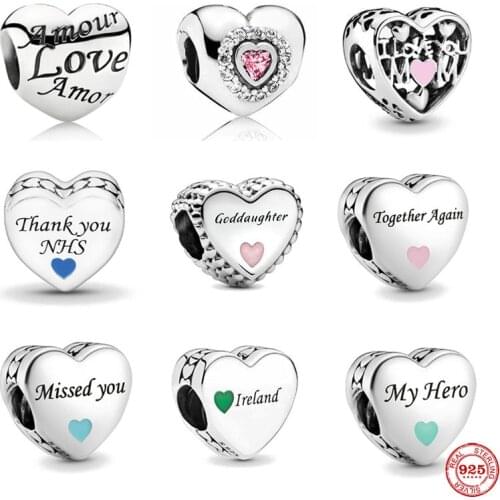 New heart shape godmother missed you my hero love diy Beads fit Original Pandora Charms Silver 925 Bracelet DIY Women Jewelry