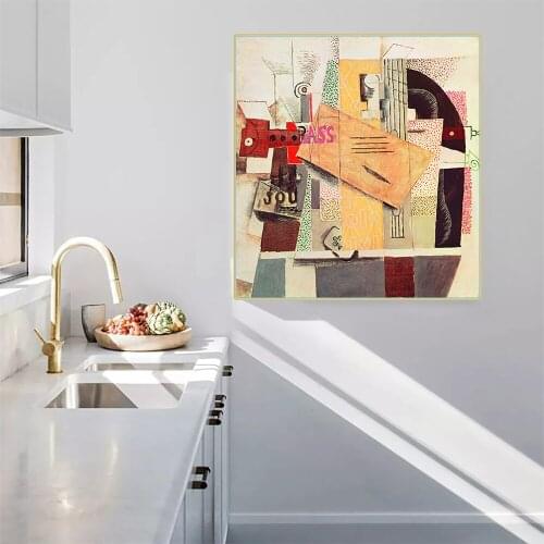 Citon Pablo Picasso《still life with a violin and a glass of bass.》Canvas Art Oil Painting Artwork Picture Decor Home Decoration