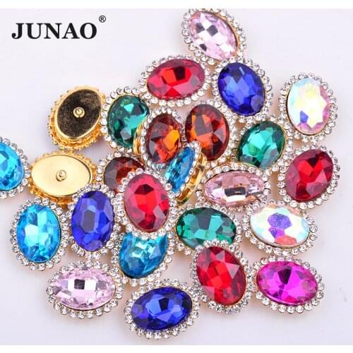 JUNAO 10*14mm Colorful Sewing Glass Flowers Rhinestone Gold Claw Crystal Applique Sew On Oval Strass Stones For Wedding Dress