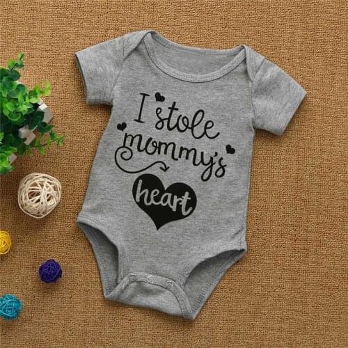 DERMSPE 2019 New Casual Newborn Baby Boy Girl Short Sleeve Letter I Stole Mommys Heart Cotton Romper Baby Jumpsuit Clothes Gray