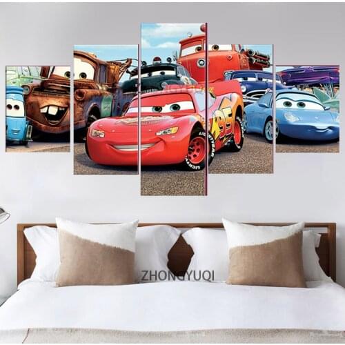 5 Piece Cars Cartoon Painting HD Movie Poster Flo Lightning McQueen Mater Sally Wall Picture for Children Room Decor