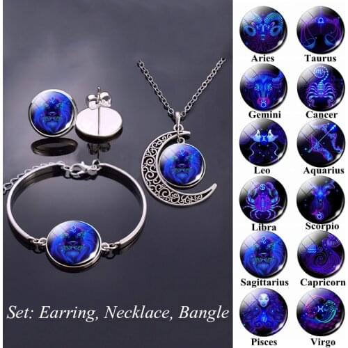 12 constellation Jewelry Set Necklace & Earrings & Bracelet With Box Packaging Women Silver Color Jewelry Valentines Day Gifts