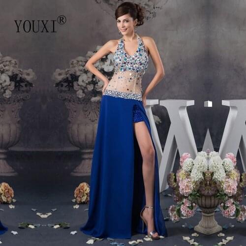 Royal Blue Sexy Halter Prom Dresses 2019 See Through Right Split Luxurious Bling Beaded Rhinestone Crystal Formal Gown