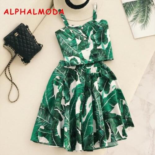 ALPHALMODA Retro Cherry Dot Print Crop Top Skirt 2pcs Clothing Sets Single Breasted Tank Top Elastic Waist A-line Skirt Suits
