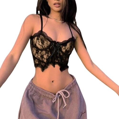 Sweet Sexy Floral Lace Camisole Tops Women 2021 Sleeveless V Neck Bow Slim Fit Patchwork Crop Top Club Holiday Casual Tank Top