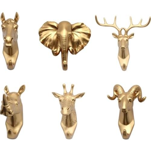 6 Pcs Wall Mounted Resin Animal Head Hook Hanger Holder Home Room Decorative Gold