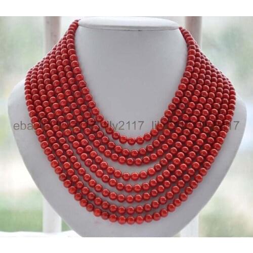 Genuine natural 8 rows 6mm red coral round beads Necklace Handmade 17-24 Inch AAAA