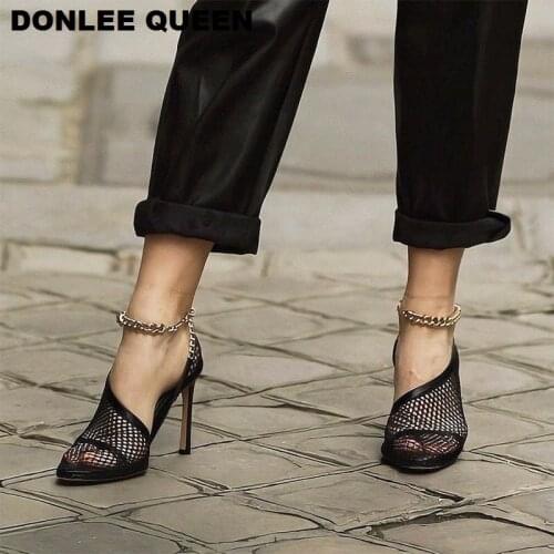 2020 New Fashion Thin High Heels 9cm Sandals Women Sexy Mesh Pumps Shoes Women Chain Sandal For Party Shoe femmes sandales mujer