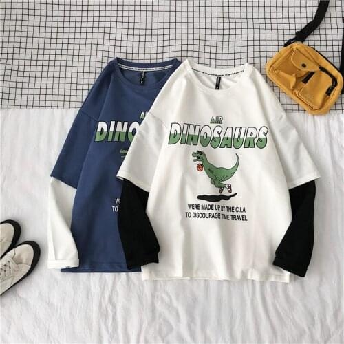 Autumn Patchwork Fake Two Pieces Dinosaur Print Tshirt College Style Brief Hip Hop 2021 Hot Clothes Fashion Harajuku Streetwear
