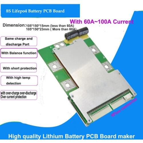 8S 24V Lifepo4 Battery PCB with 60A 80A 100A constant current for 29.2V Power system BMS of 25.6V UPS conveter solar power