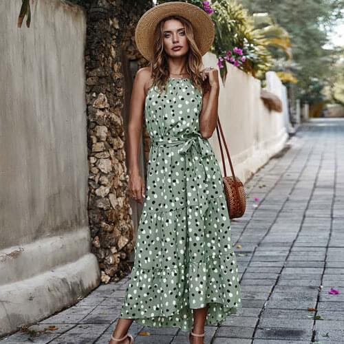 2021 Summer Polka Dot Dress Women Elegant Party Boho Maxi Dress Ladies Sundress Beach Halter Bohemian Long Robe Femme Ladies