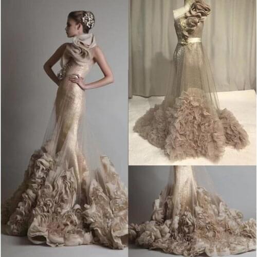 Aso Ebi Gold Champagne One Shoulder Prom Dresses With Ruffles Flowers Appliques Mermaid Sheer Women Gowns For Formal Event