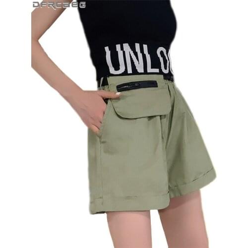 Casual Summer Cargo Shorts Women With Belt Zipper Pocket Ladies Shorts Stretch High Waist Short Femme Streetwear Wide Leg Shorts