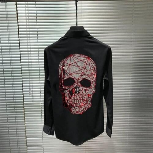 Four Seasons Non-Iron Mens Shirt Three-Dimensional Skull Head High Quality Slim Hot Rhinestone Brand Stage Hip Hop Long Sleeve