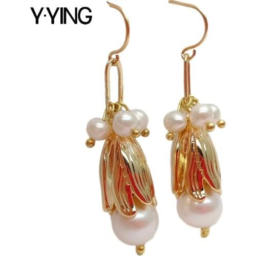 Freshwater White Pearl Gold color Plated flower Bud Charms Drop Hook Earrings luxury handmade for women